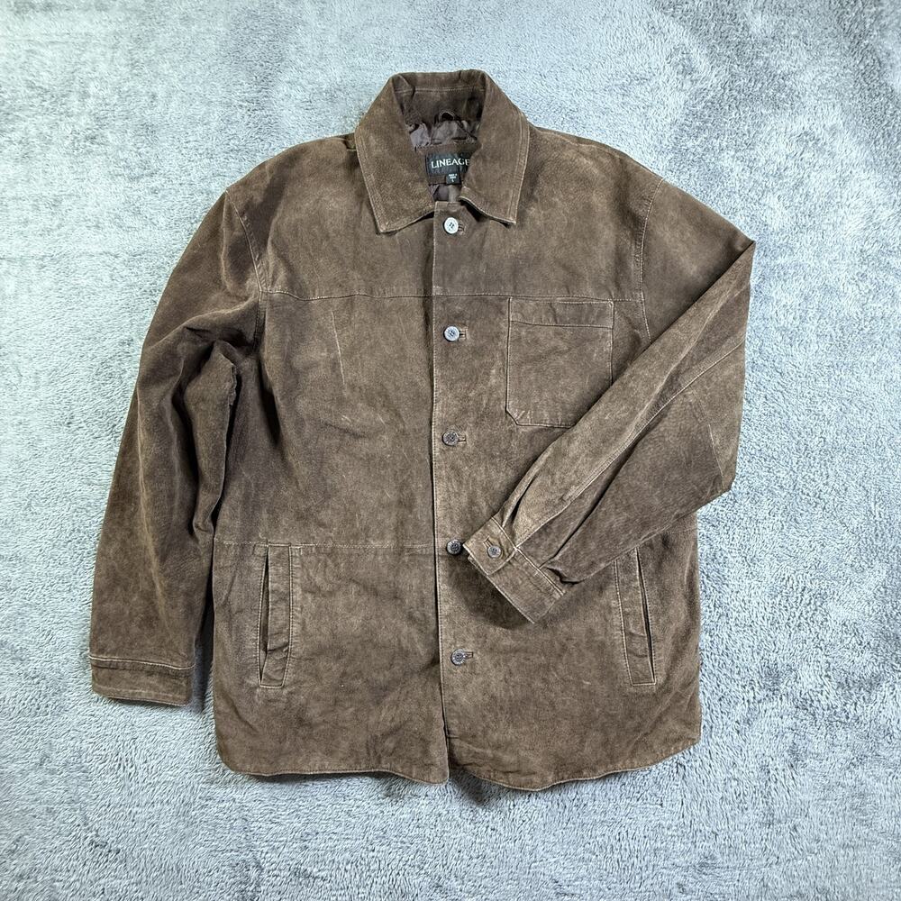 Lineage Mens L Brown Suede Leather Jacket Button Up Lined Coat Western Style